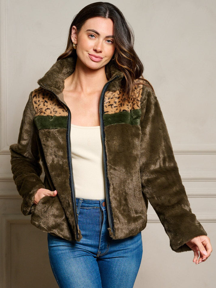 WOMEN'S LONG SLEEVE POCKETS ZIP UP SHERPA ANIMAL PRINT JACKET