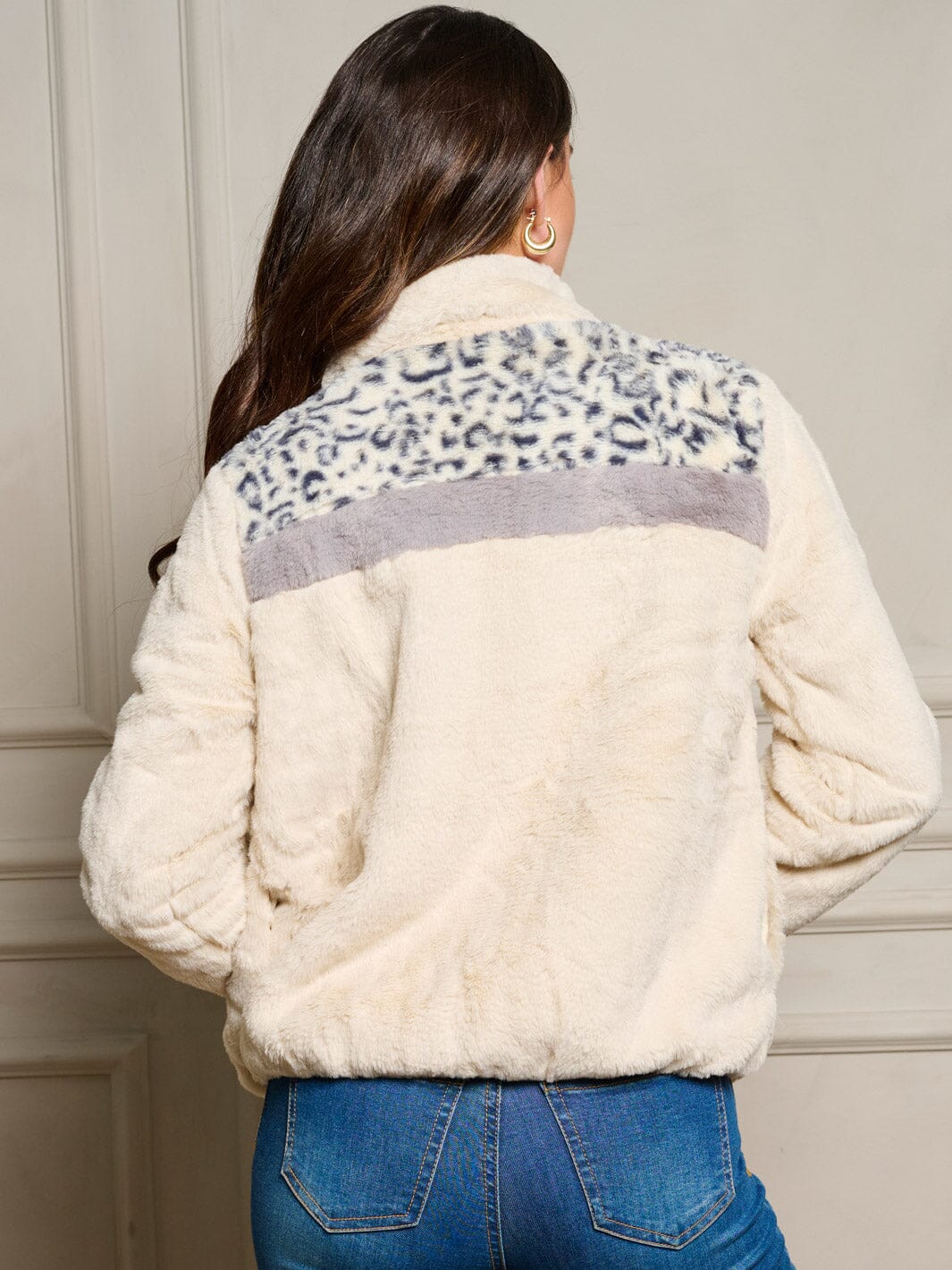 WOMEN'S LONG SLEEVE POCKETS ZIP UP SHERPA ANIMAL PRINT JACKET
