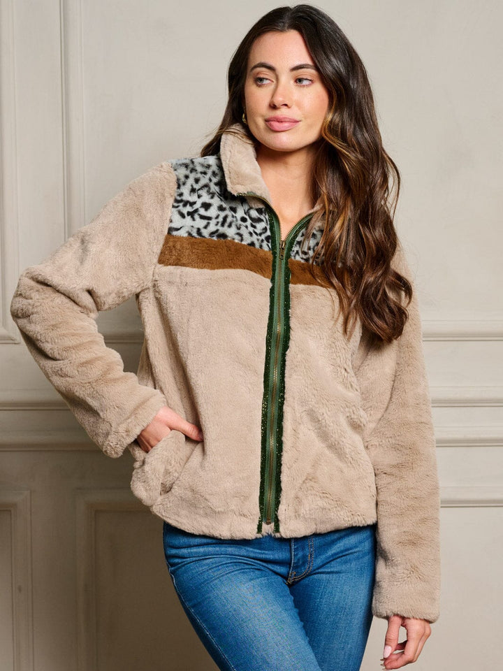 WOMEN'S LONG SLEEVE POCKETS ZIP UP SHERPA ANIMAL PRINT JACKET