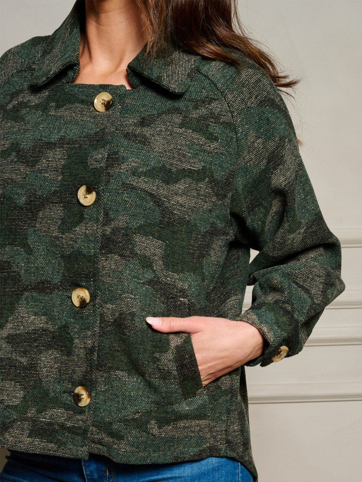 WOMEN'S LONG SLEEVE POCKETS BUTTON UP CAMO PRINT JACKET