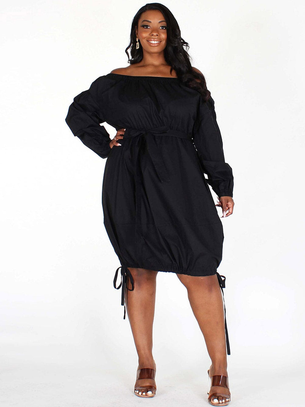 PLUS SIZE LONG SLEEVES OFF SHOULDER SIDE RUCHED POCKETS MIDI DRESS