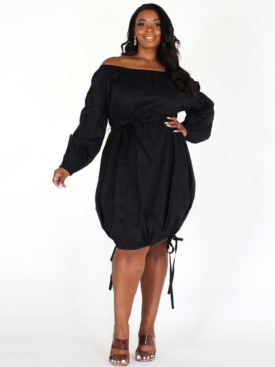 PLUS SIZE LONG SLEEVES OFF SHOULDER SIDE RUCHED POCKETS MIDI DRESS