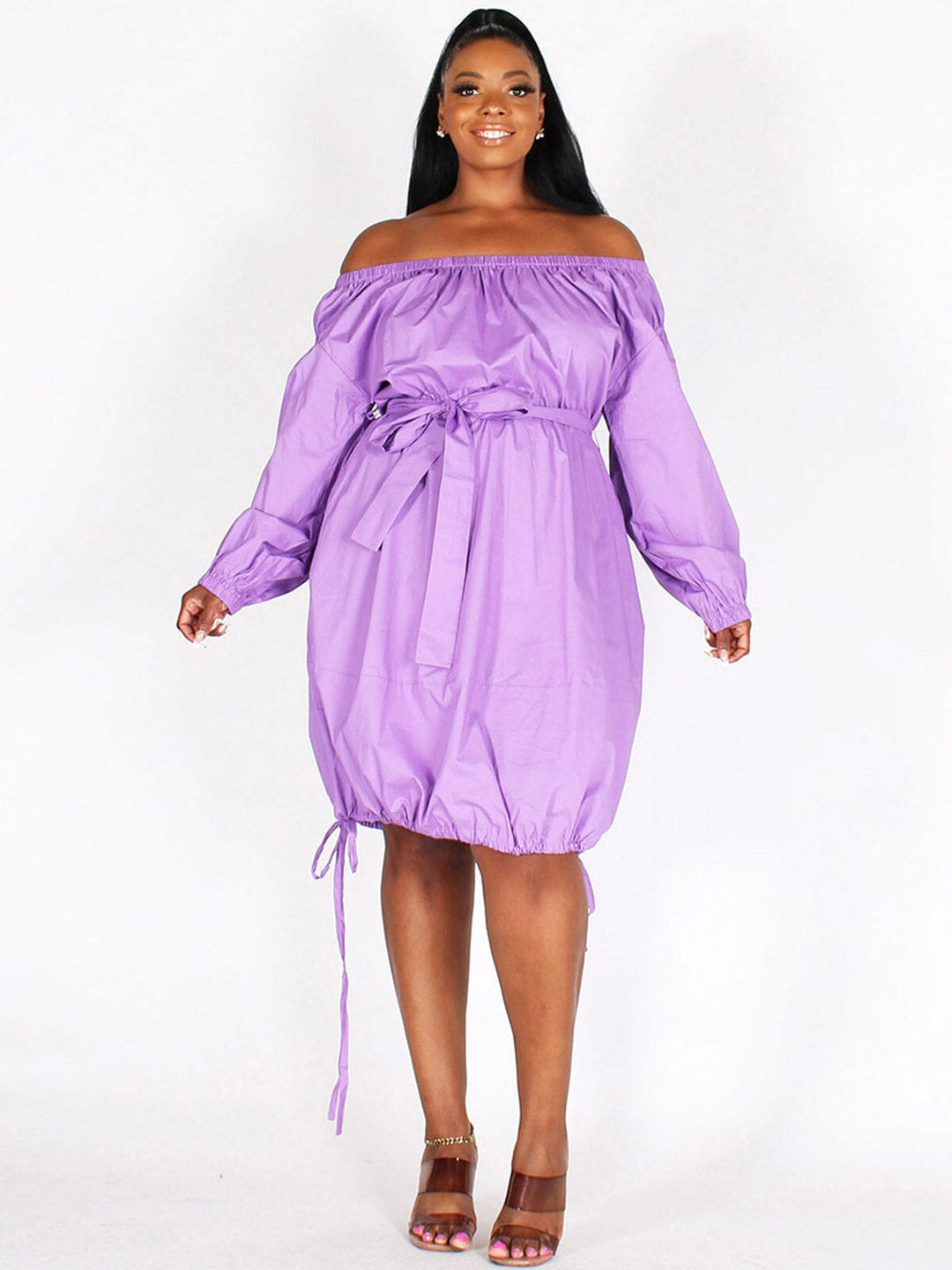 PLUS SIZE LONG SLEEVES OFF SHOULDER SIDE RUCHED POCKETS MIDI DRESS