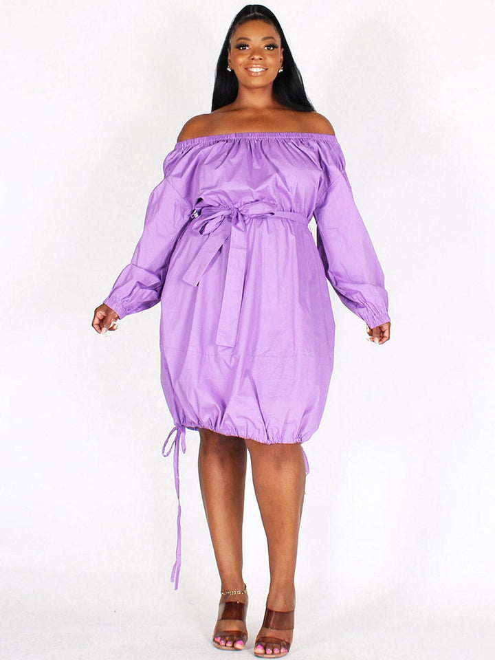 PLUS SIZE LONG SLEEVES OFF SHOULDER SIDE RUCHED POCKETS MIDI DRESS
