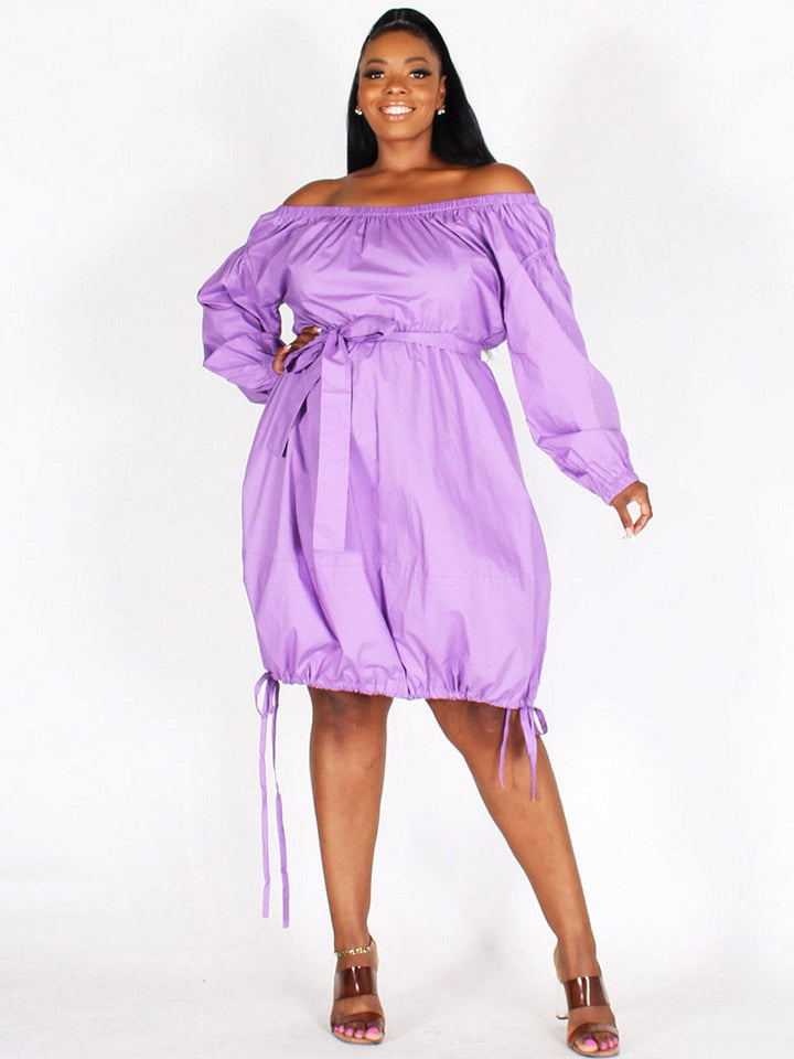 PLUS SIZE LONG SLEEVES OFF SHOULDER SIDE RUCHED POCKETS MIDI DRESS