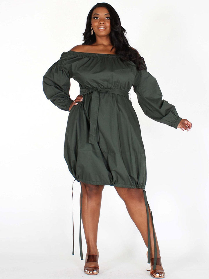 PLUS SIZE LONG SLEEVES OFF SHOULDER SIDE RUCHED POCKETS MIDI DRESS