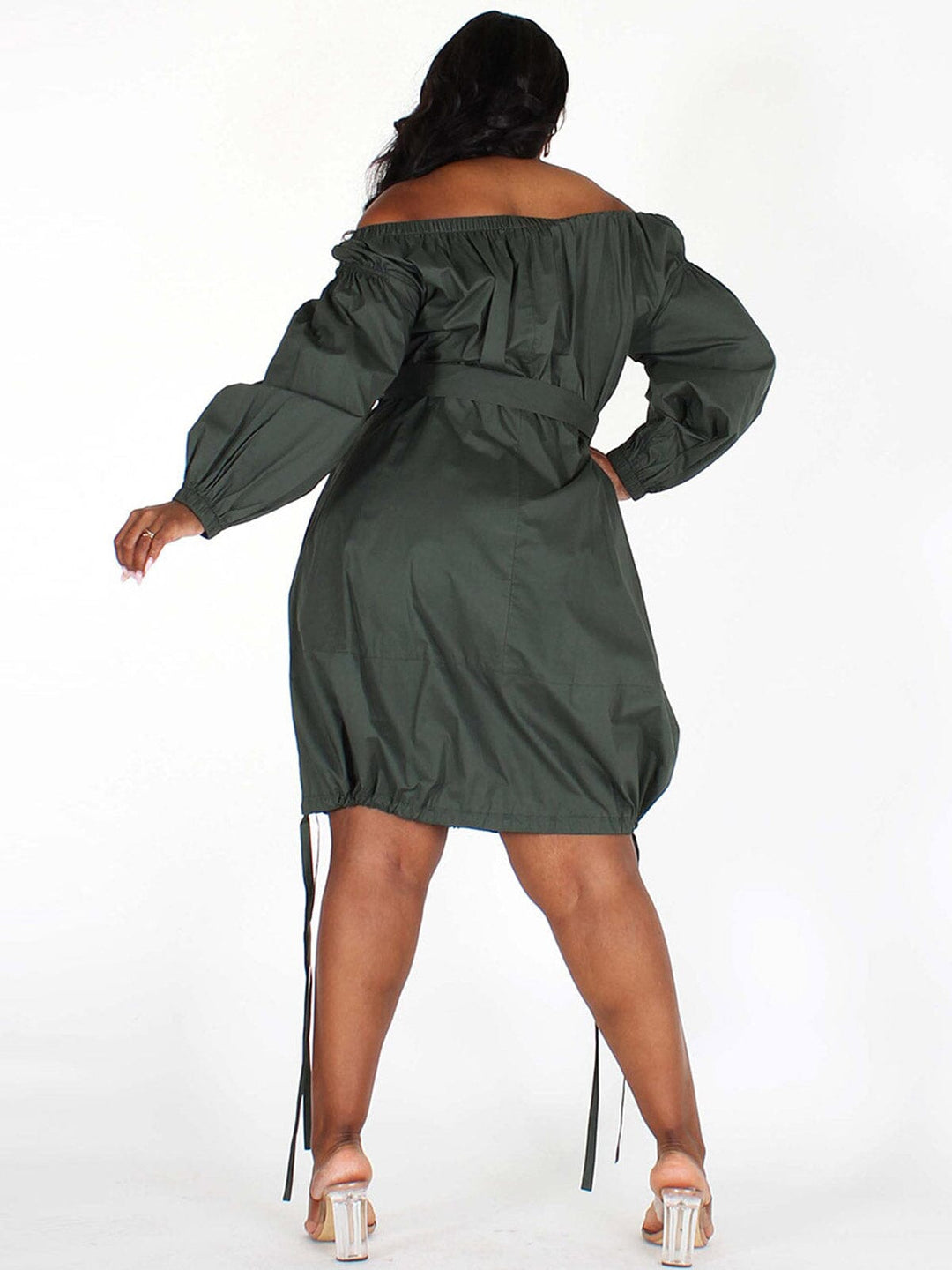 PLUS SIZE LONG SLEEVES OFF SHOULDER SIDE RUCHED POCKETS MIDI DRESS