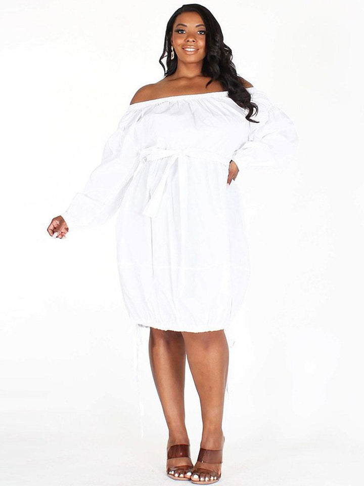 PLUS SIZE LONG SLEEVES OFF SHOULDER SIDE RUCHED POCKETS MIDI DRESS