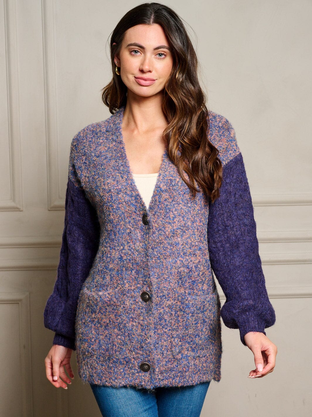 WOMEN'S LONG SLEEVE POCKETS COLORBLOCK BUTTON UP SWEATER CARDIGAN