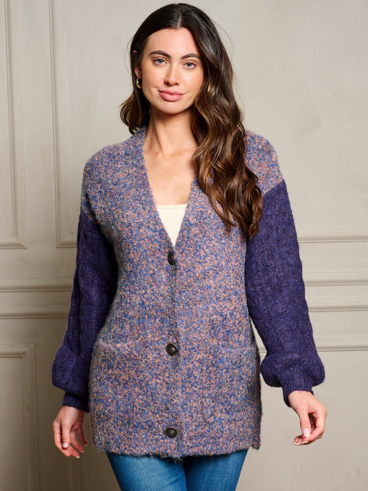 WOMEN'S LONG SLEEVE POCKETS COLORBLOCK BUTTON UP SWEATER CARDIGAN