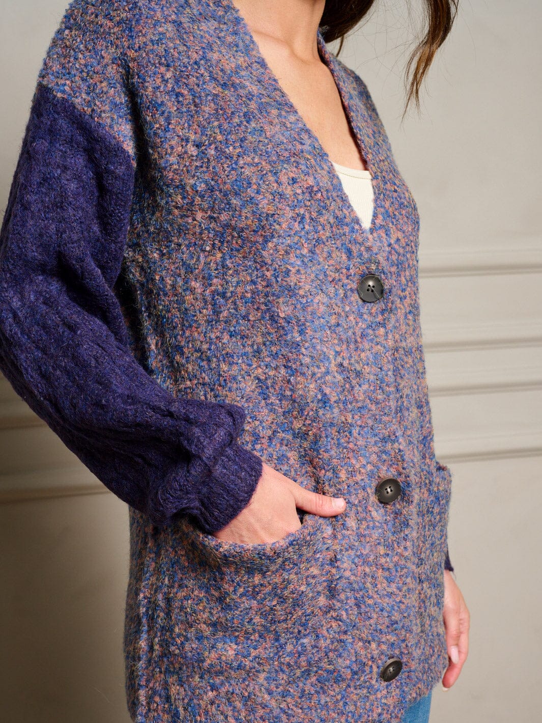 WOMEN'S LONG SLEEVE POCKETS COLORBLOCK BUTTON UP SWEATER CARDIGAN