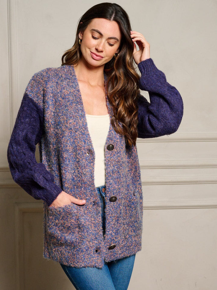 WOMEN'S LONG SLEEVE POCKETS COLORBLOCK BUTTON UP SWEATER CARDIGAN