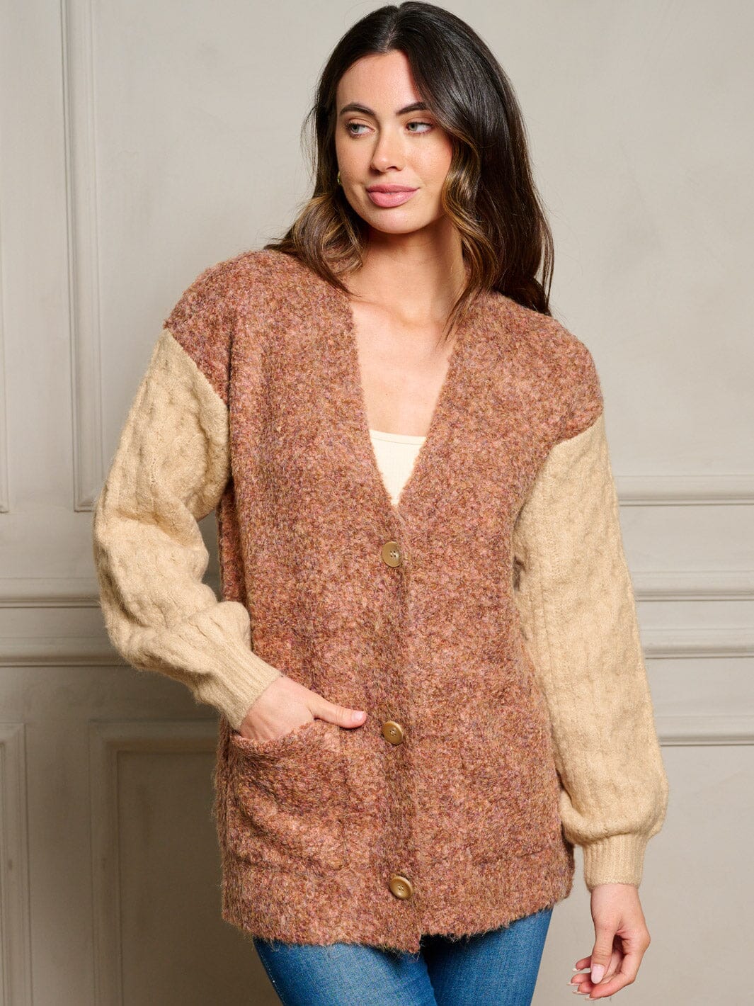 WOMEN'S LONG SLEEVE POCKETS COLORBLOCK BUTTON UP SWEATER CARDIGAN