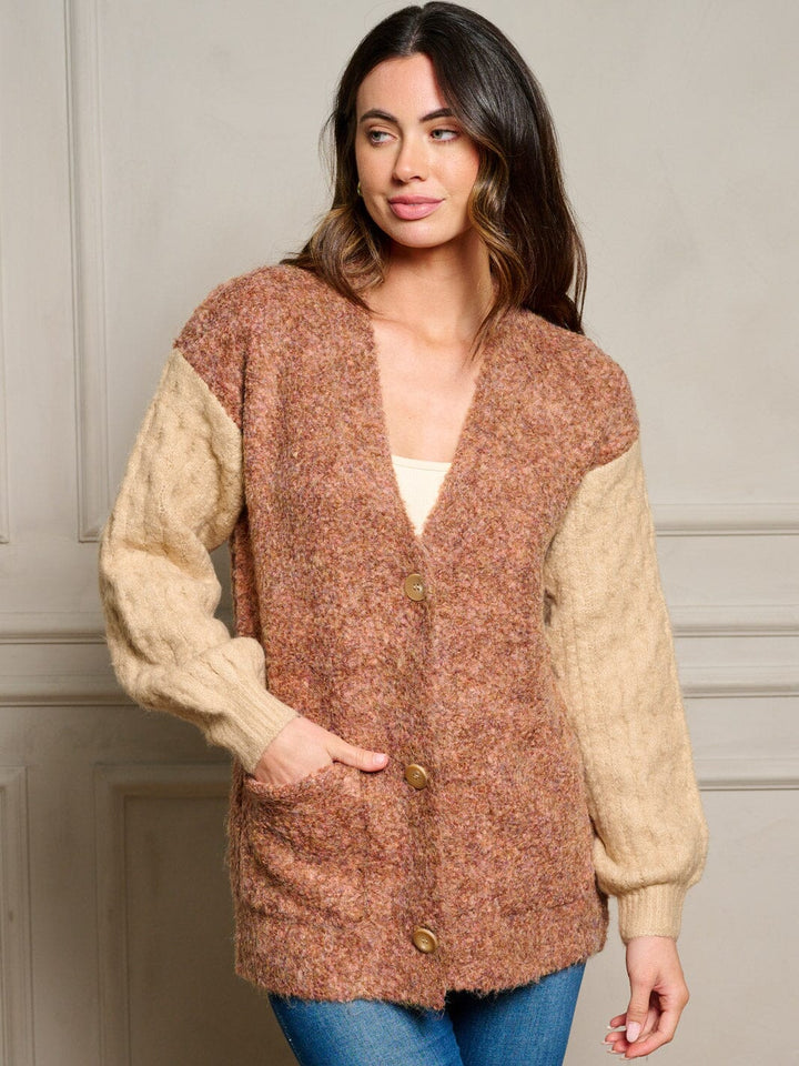 WOMEN'S LONG SLEEVE POCKETS COLORBLOCK BUTTON UP SWEATER CARDIGAN