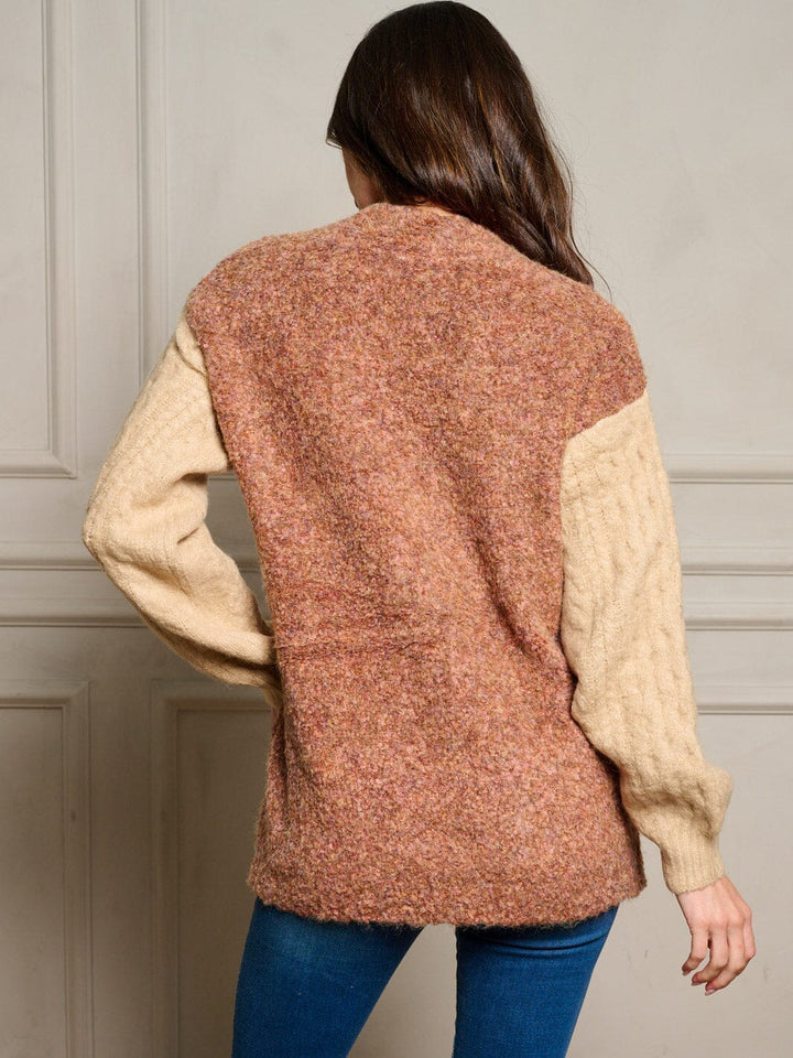 WOMEN'S LONG SLEEVE POCKETS COLORBLOCK BUTTON UP SWEATER CARDIGAN