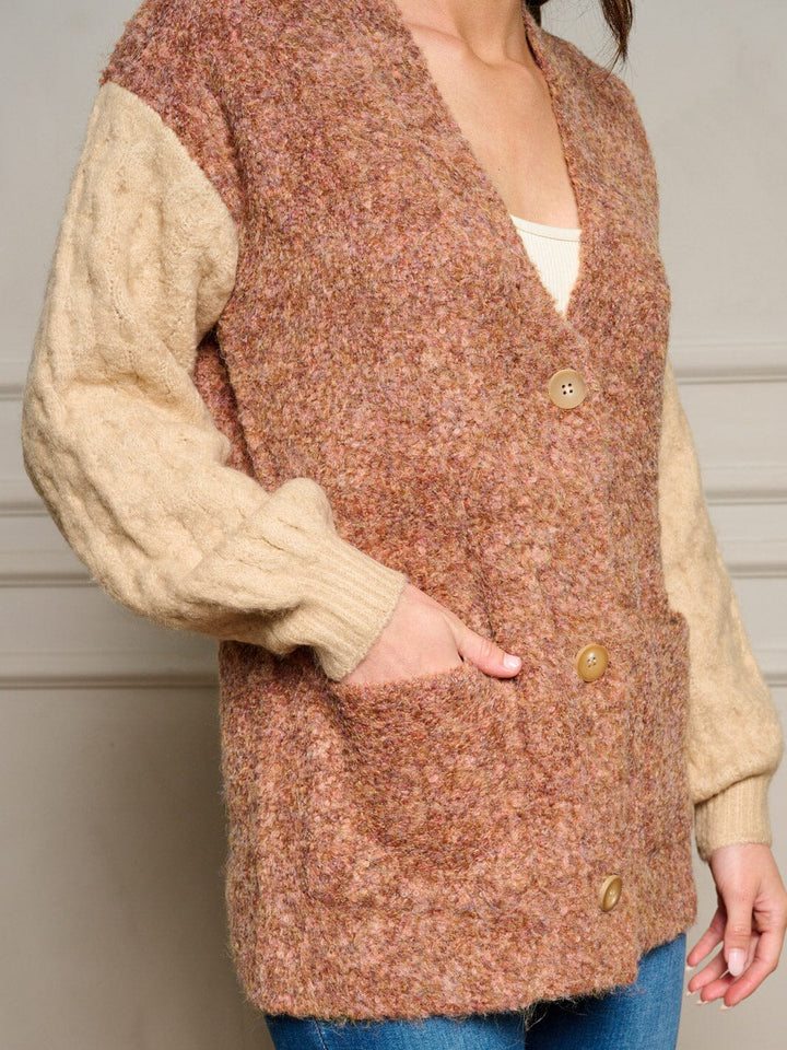 WOMEN'S LONG SLEEVE POCKETS COLORBLOCK BUTTON UP SWEATER CARDIGAN