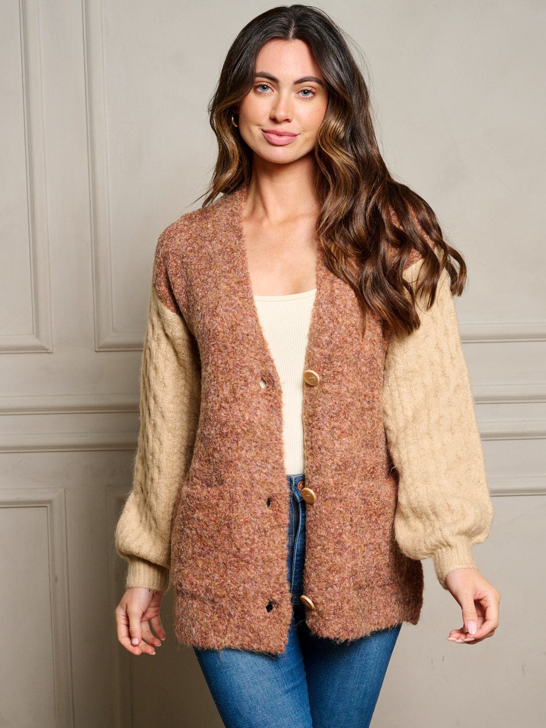 WOMEN'S LONG SLEEVE POCKETS COLORBLOCK BUTTON UP SWEATER CARDIGAN