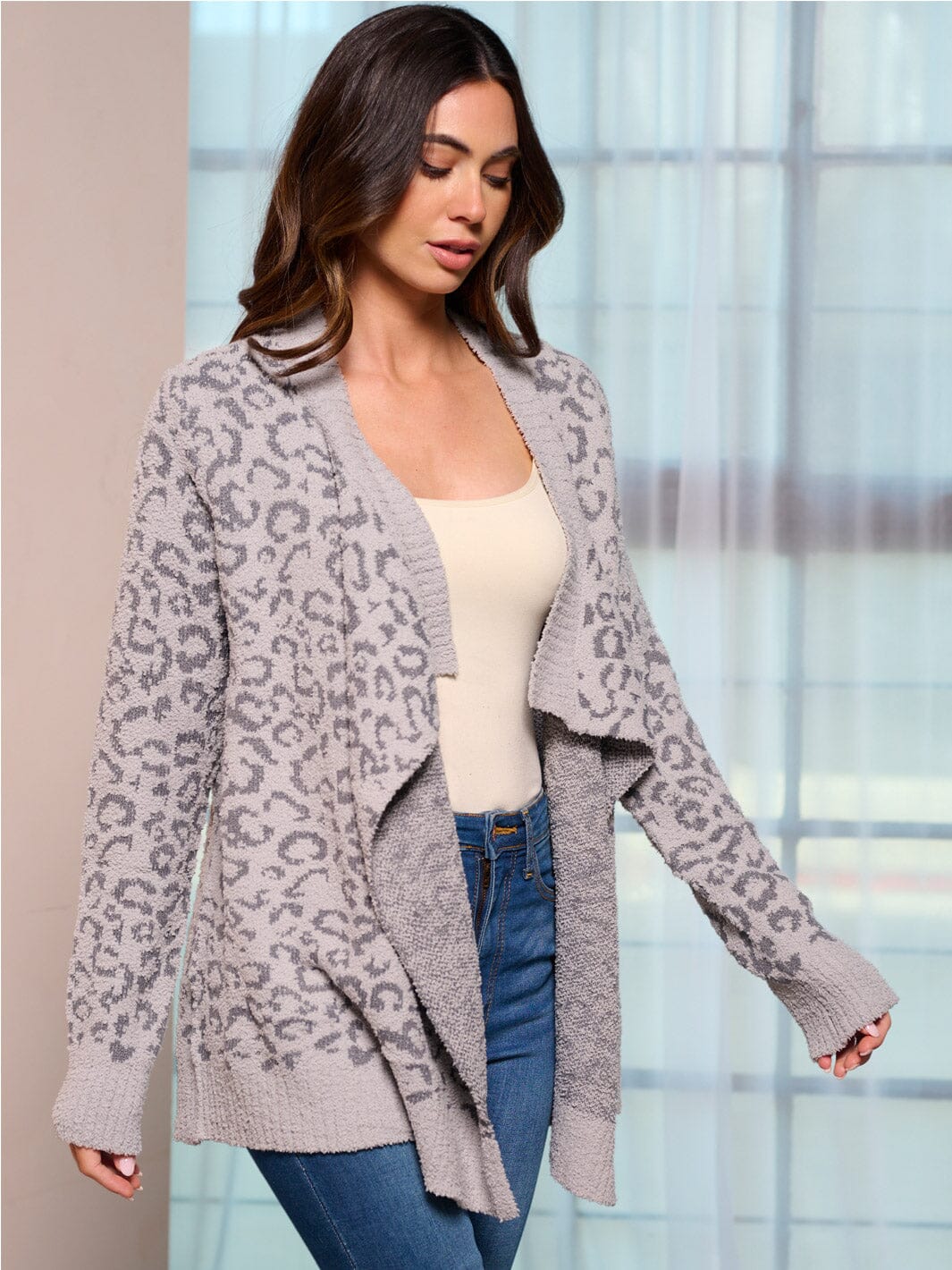 WOMEN'S LONG SLEEVE OPEN FRONT ANIMAL PRINT SWEATER CARDIGAN