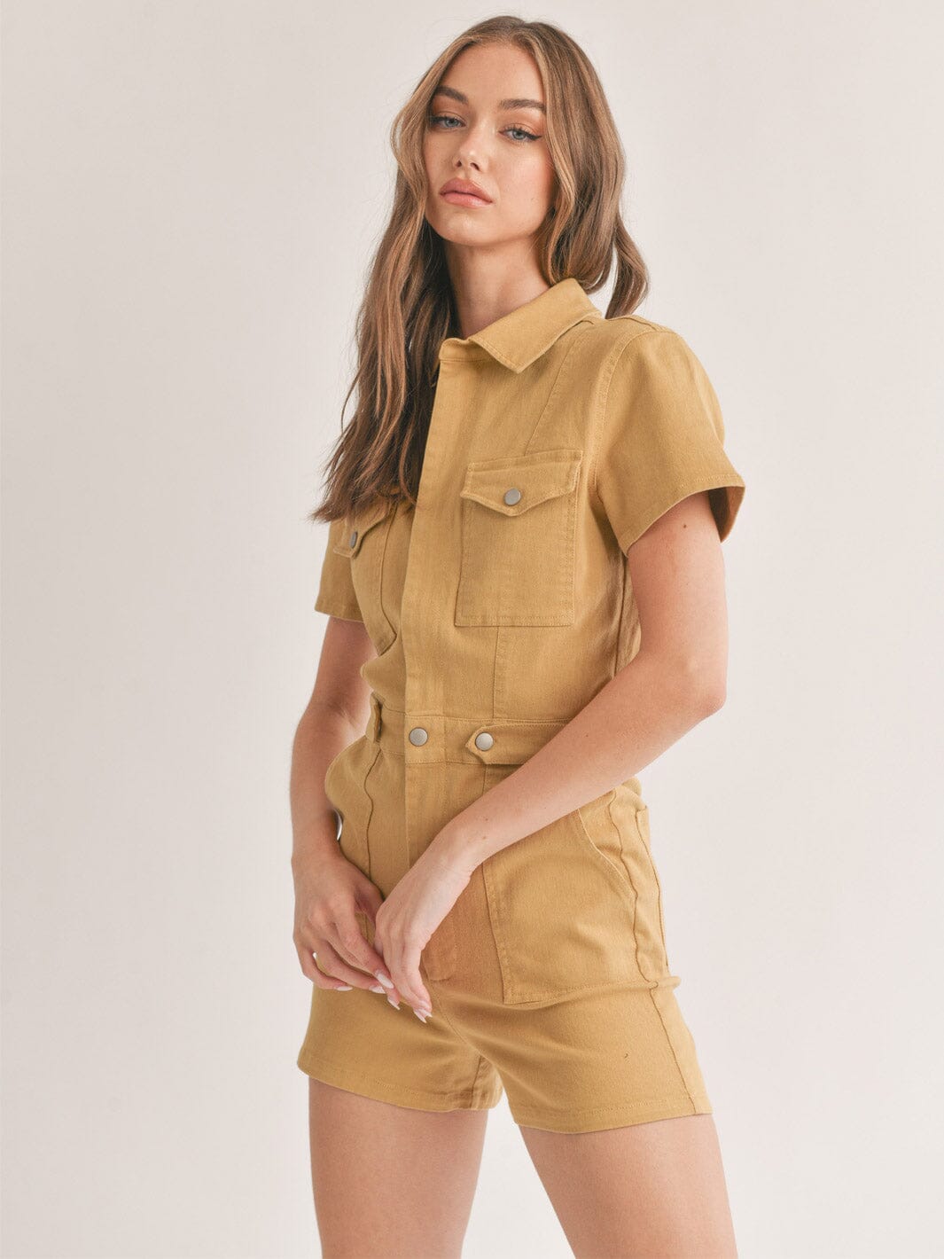 WOMEN'S SHORT SLEEVE POCKETS BUTTON UP DENIM ROMPER