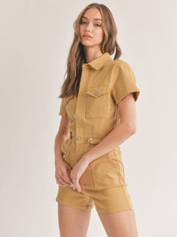 WOMEN'S SHORT SLEEVE POCKETS BUTTON UP DENIM ROMPER