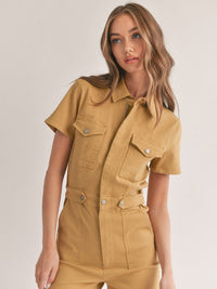 WOMEN'S SHORT SLEEVE POCKETS BUTTON UP DENIM ROMPER