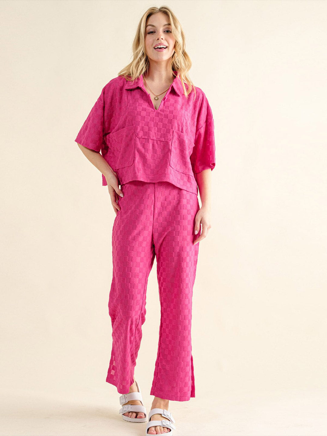 WOMEN'S SHORT SLEEVE BLOUSE & ELASTIC WAIST WIDE LEG PANTS CHEKERS 2PC. SET