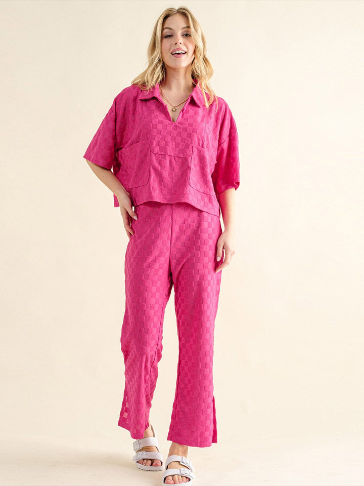 WOMEN'S SHORT SLEEVE BLOUSE & ELASTIC WAIST WIDE LEG PANTS CHEKERS 2PC. SET