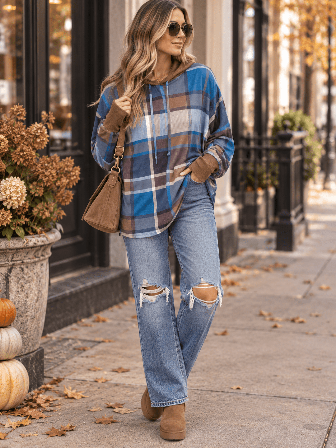 WOMEN'S LONG SLEEVE COLORBLOCK HOODED PLAID TOP