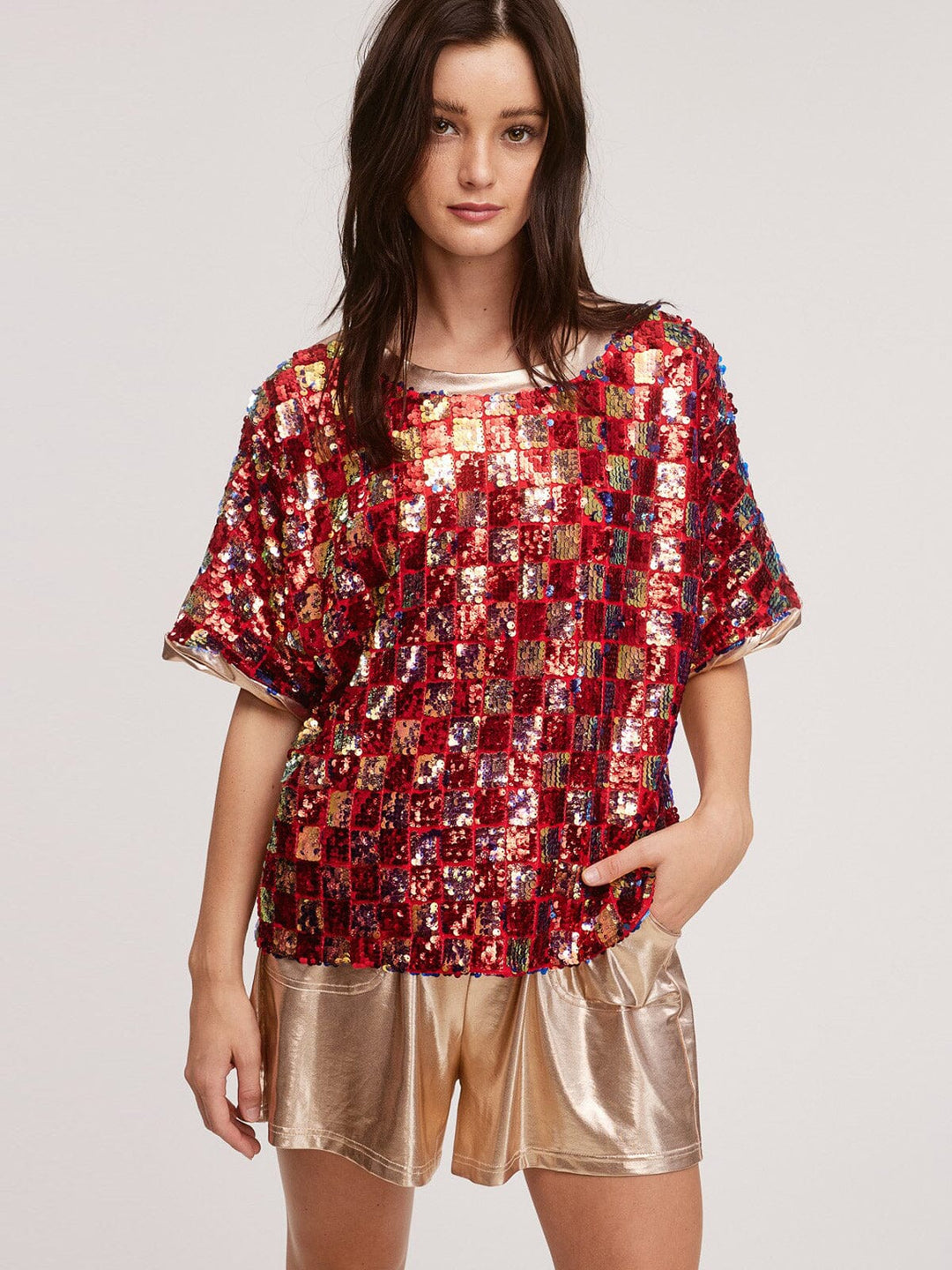 WOMENS SHORT SLEEVE SEQUINS MULTI TOP