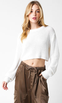 WOMEN'S LONG SLEEVE KNIT PULLOVER CROP SWEATER