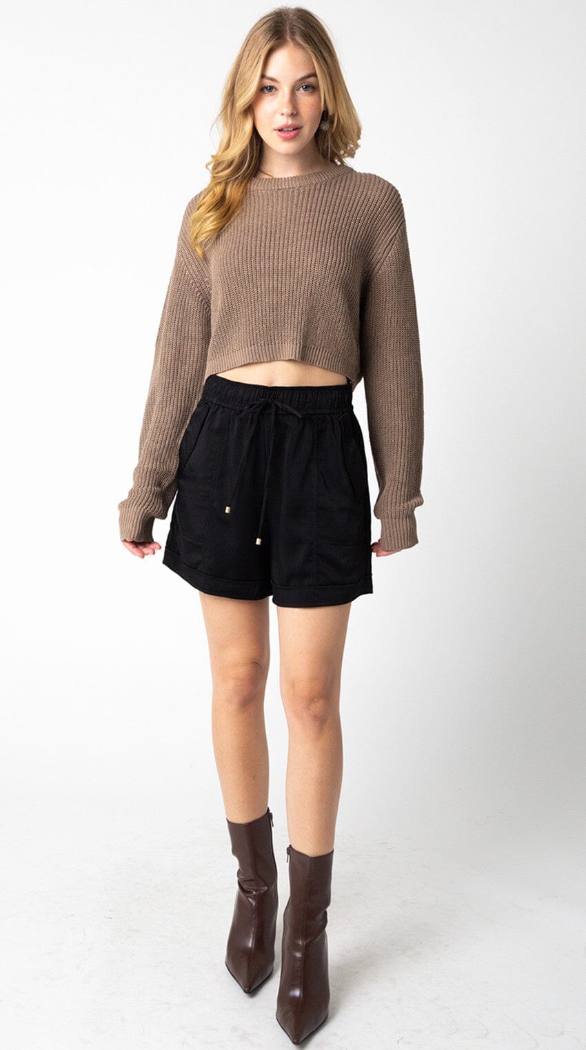WOMEN'S LONG SLEEVE KNIT PULLOVER CROP SWEATER