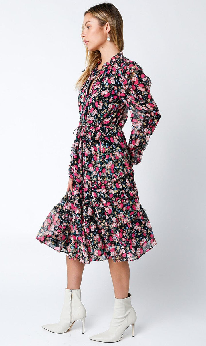 WOMEN'S LONG SLEEVE ELASTIC WAIST FLORAL MIDI DRESS