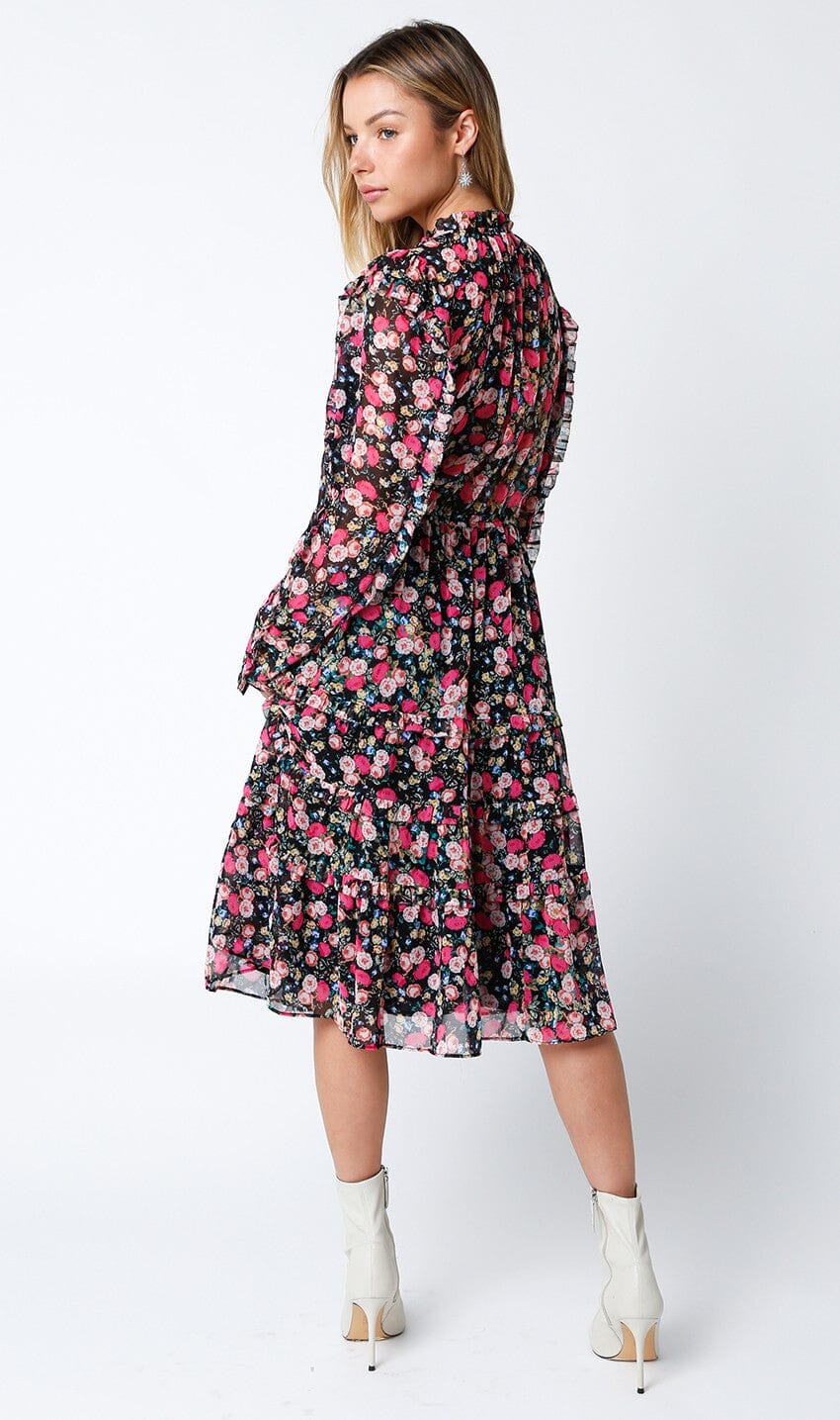WOMEN'S LONG SLEEVE ELASTIC WAIST FLORAL MIDI DRESS
