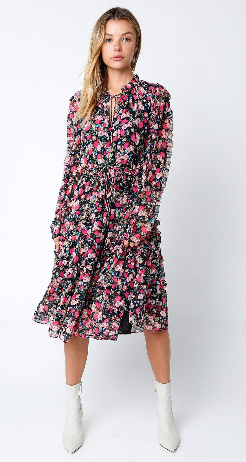 WOMEN'S LONG SLEEVE ELASTIC WAIST FLORAL MIDI DRESS