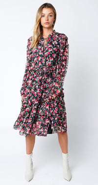 WOMEN'S LONG SLEEVE ELASTIC WAIST FLORAL MIDI DRESS