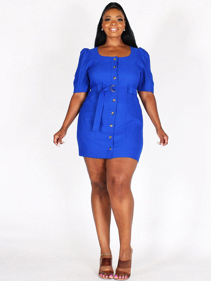 PLUS SIZE SHORT SLEEVE BUTTON UP BELTED MINI DRESS