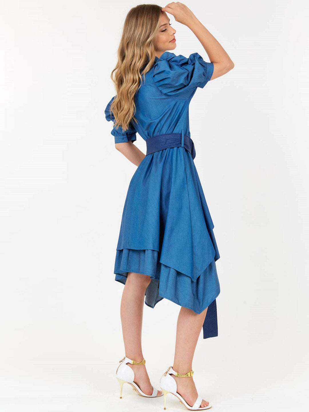 WOMEN'S SHORT PUFF SLEEVE BUTTON UP FRONT BELT HIGH-LOW DENIM MIDI DRESS