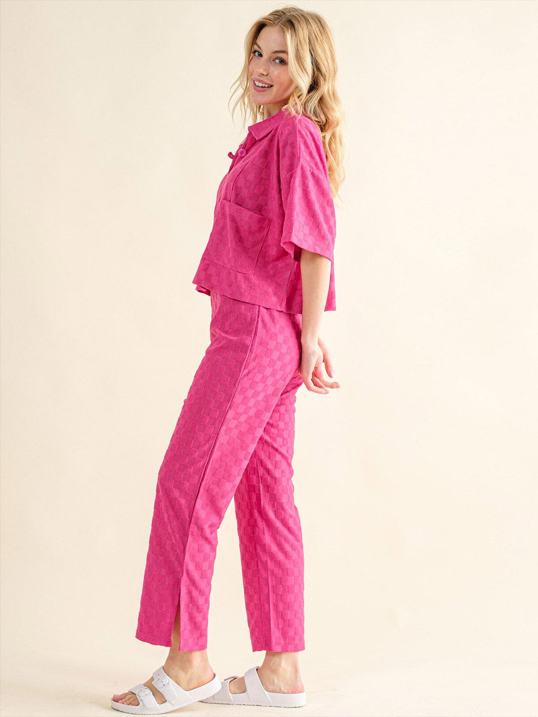 WOMEN'S SHORT SLEEVE BLOUSE & ELASTIC WAIST WIDE LEG PANTS CHEKERS 2PC. SET