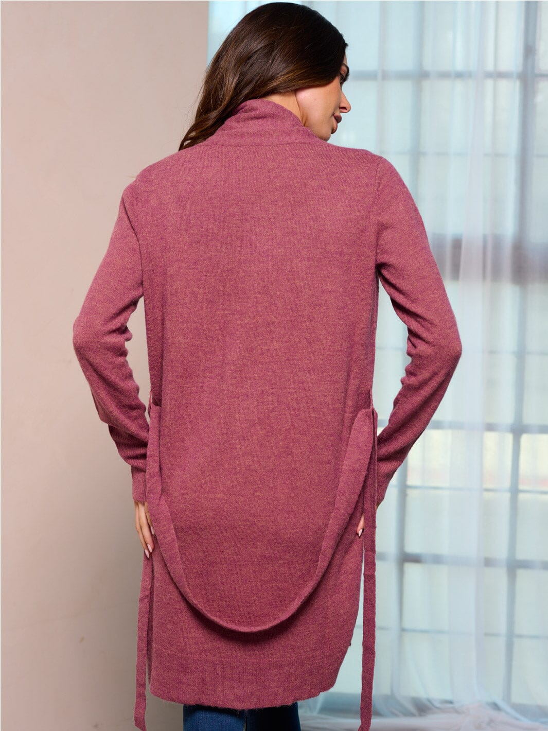 WOMEN'S LONG SLEEVE OPEN FRONT SELF TIE CARDIGAN