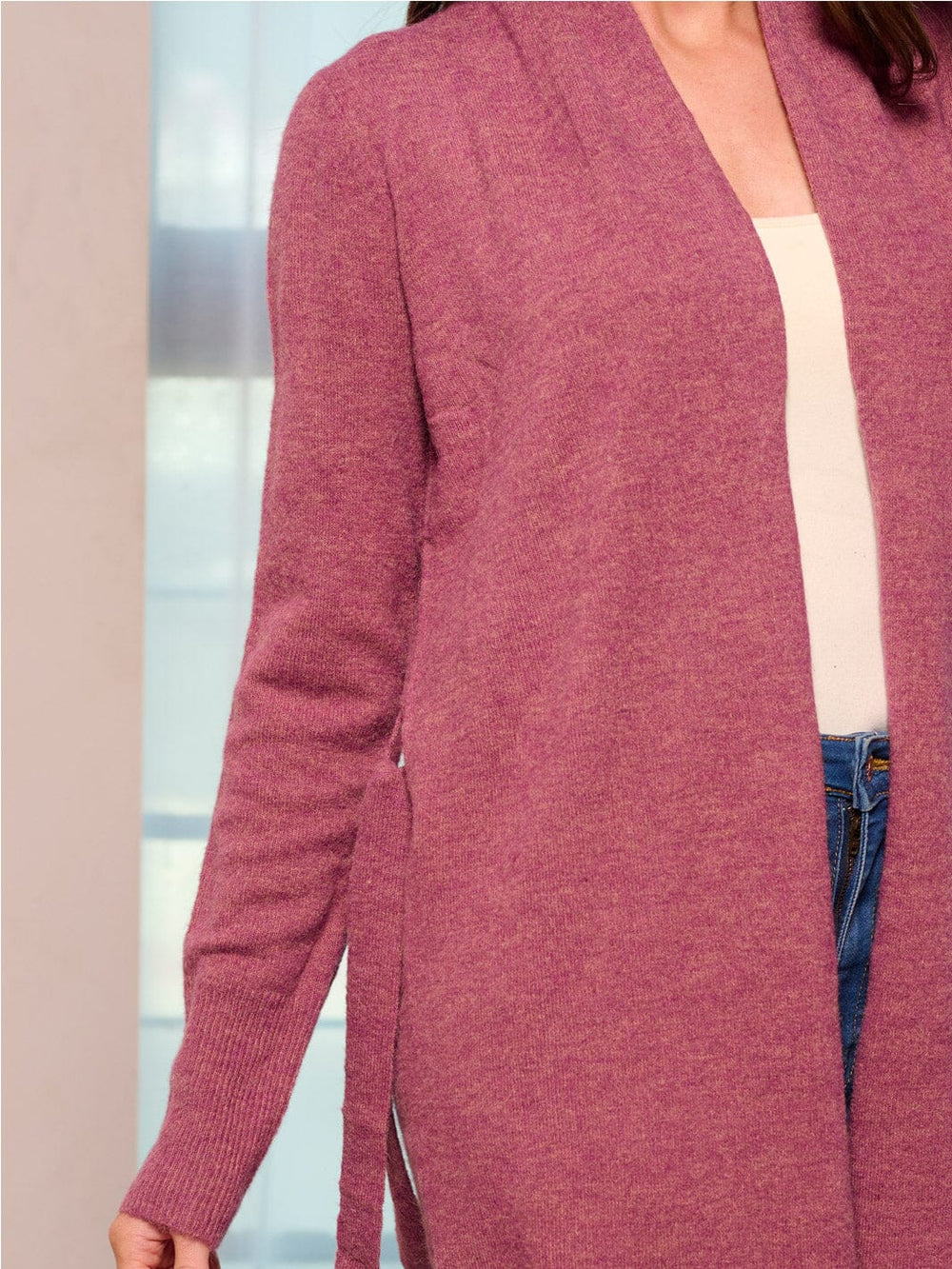 WOMEN'S LONG SLEEVE OPEN FRONT SELF TIE CARDIGAN