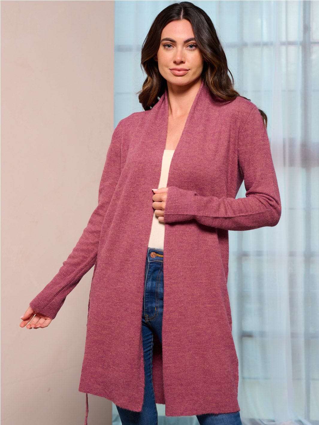 WOMEN'S LONG SLEEVE OPEN FRONT SELF TIE CARDIGAN