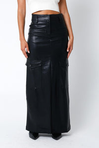 WOMEN'S BUTTON CLOSURE FRONT SLIT POCKETS PU PLEATHER MAXI SKIRT