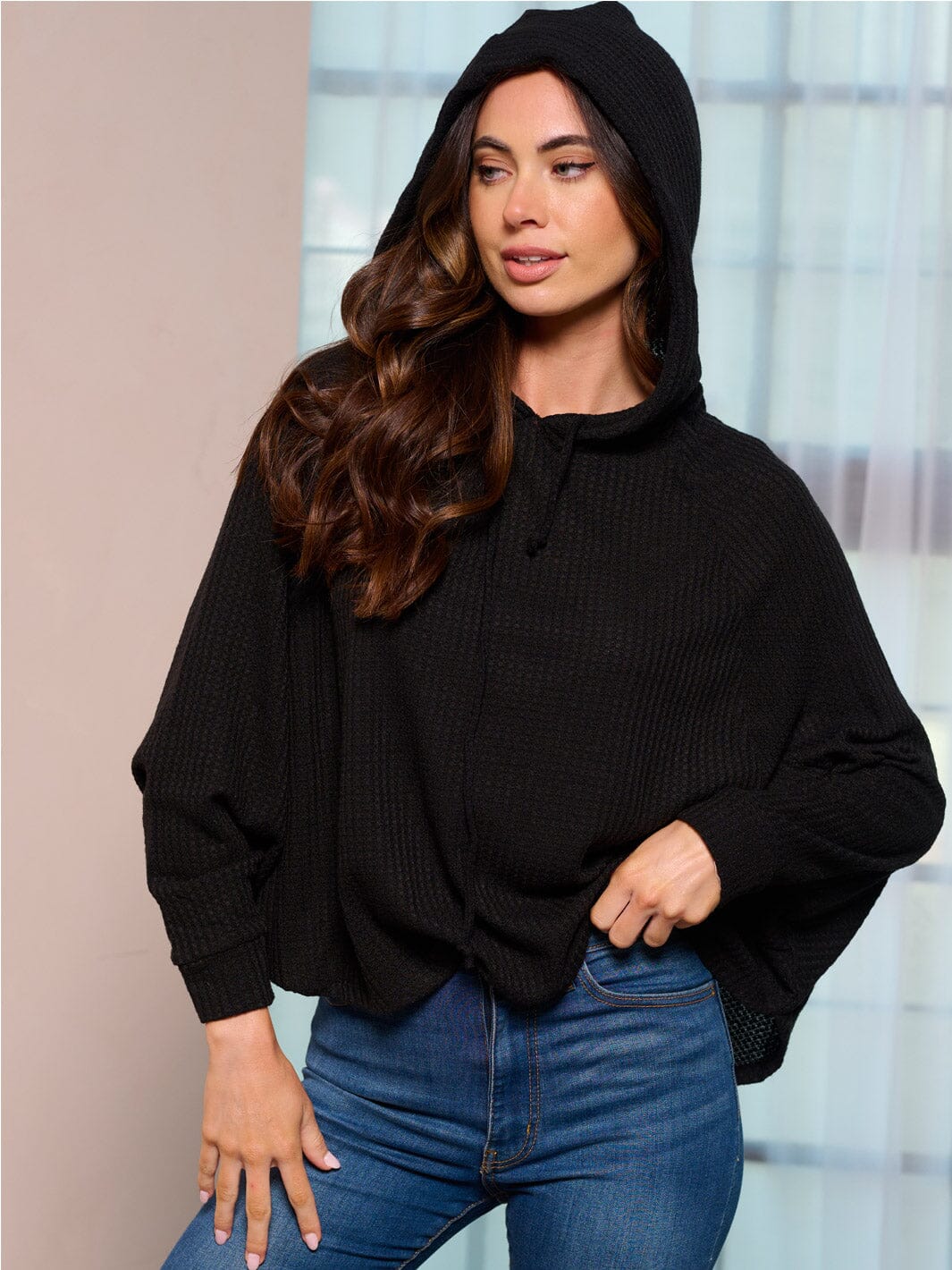 WOMEN'S LONG SLEEVE HOODED LOOSE FIT WAFFLE TOP