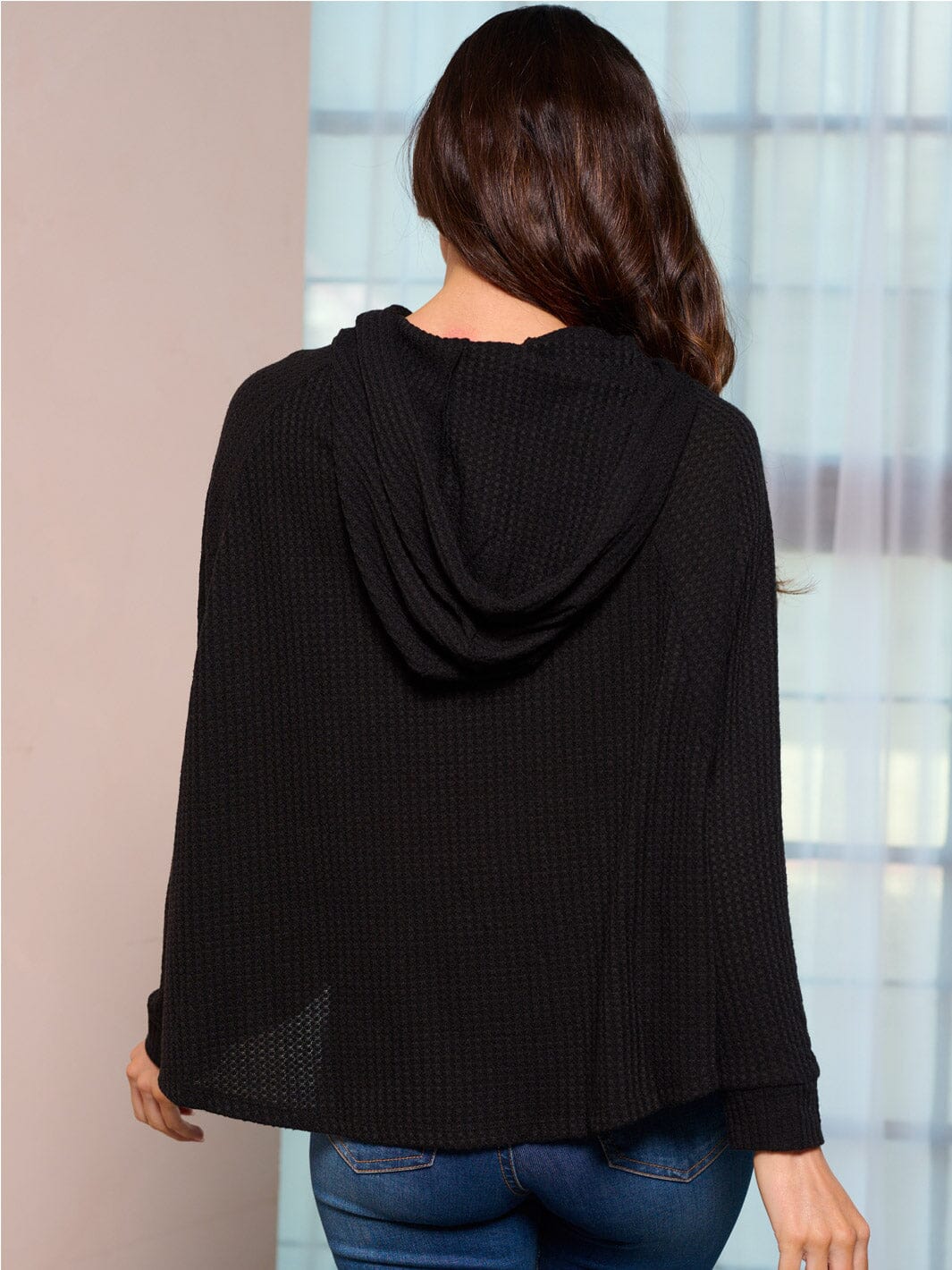 WOMEN'S LONG SLEEVE HOODED LOOSE FIT WAFFLE TOP