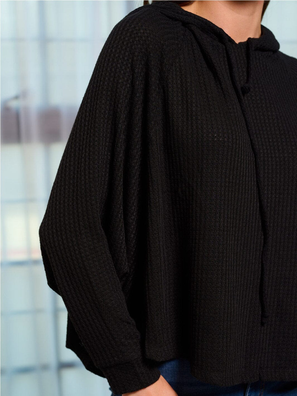 WOMEN'S LONG SLEEVE HOODED LOOSE FIT WAFFLE TOP