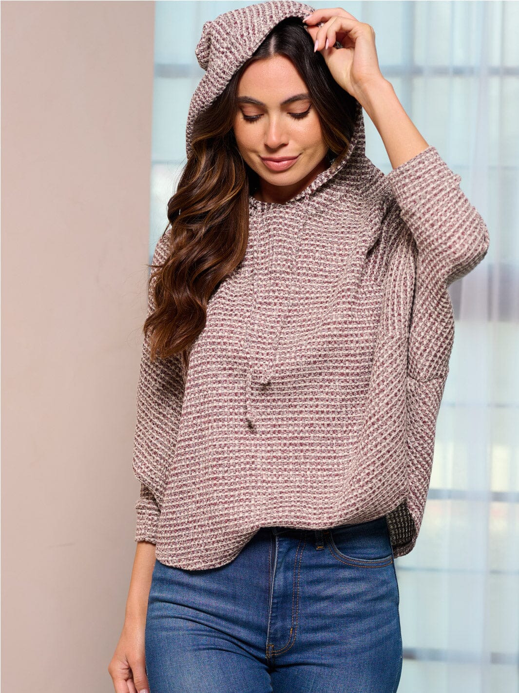 WOMEN'S LONG SLEEVE HOODED LOOSE FIT WAFFLE TOP