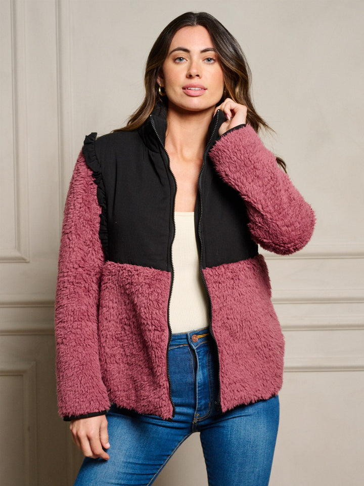 WOMEN'S LONG SLEEVE ZIP UP SHERPA COLORBLOCK JACKET