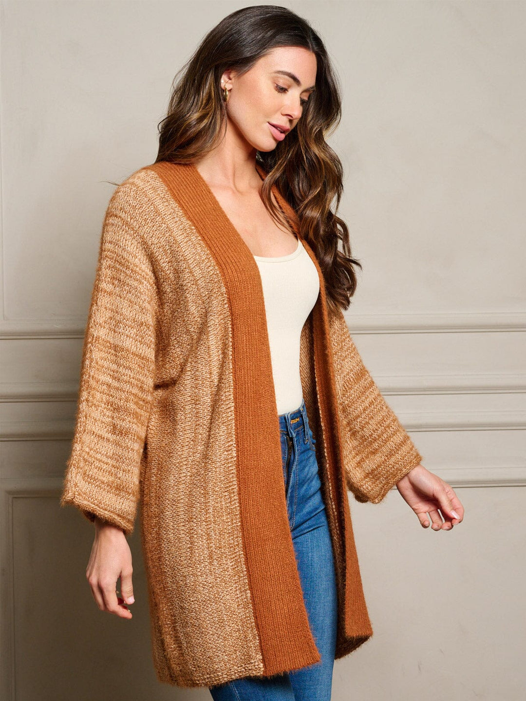WOMEN'S LONG SLEEVE OPEN FRONT COLORBLOCK CARDIGAN