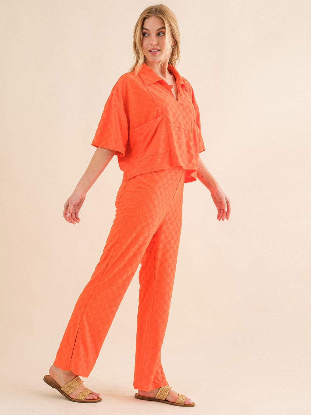 WOMEN'S SHORT SLEEVE BLOUSE & ELASTIC WAIST WIDE LEG PANTS CHEKERS 2PC. SET