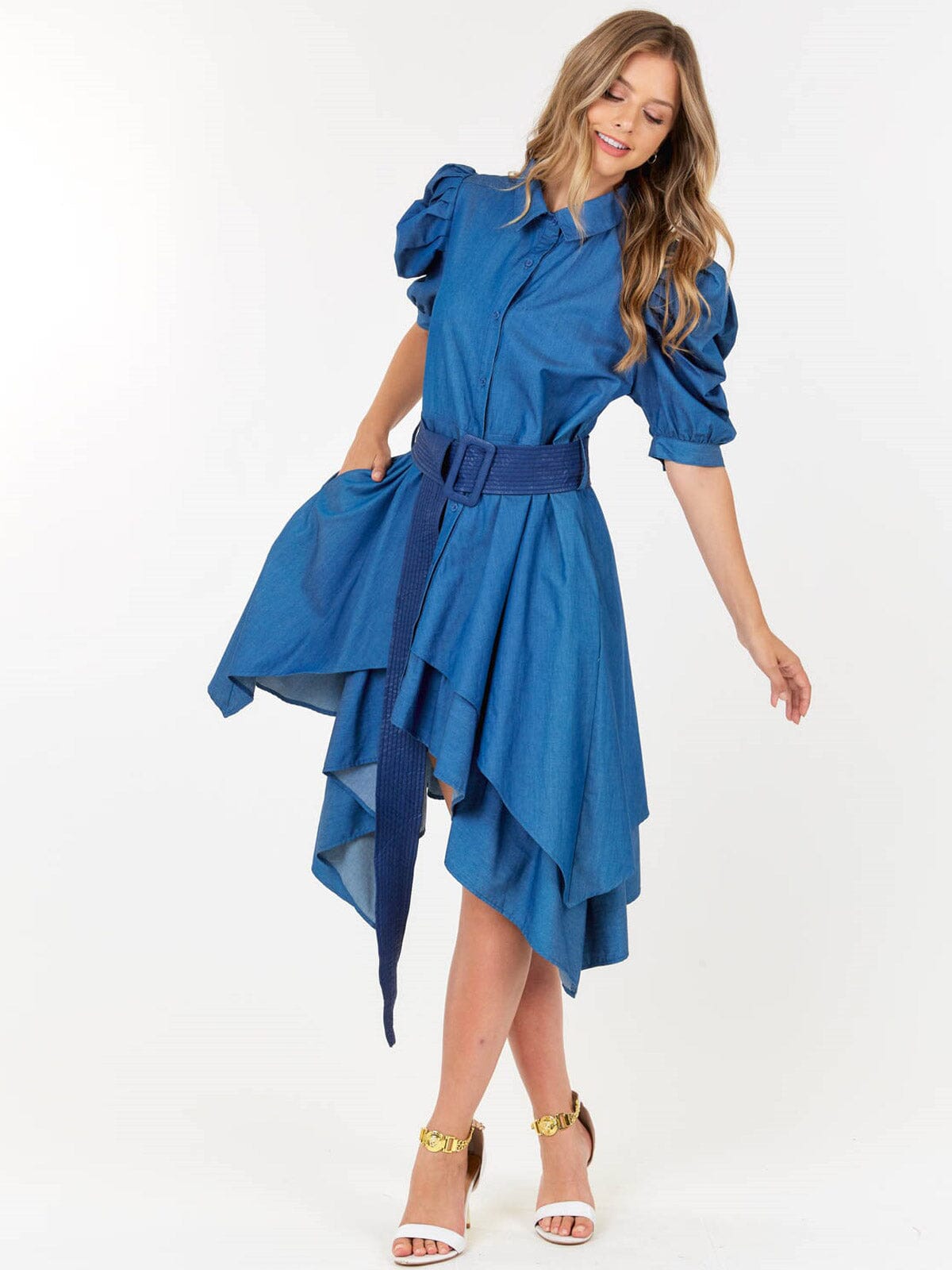WOMEN'S SHORT PUFF SLEEVE BUTTON UP FRONT BELT HIGH-LOW DENIM MIDI DRESS